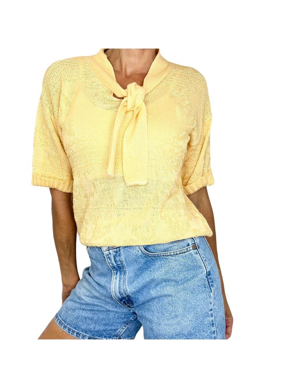 Vintage Billie Jo USA warm yellow short sleeve tie neck sweater